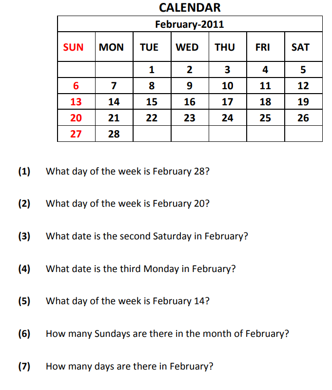 calendar worksheet maths